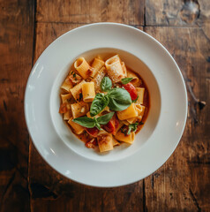 White plate with pasta noodles, tomato sauce and basil on an old wooden table in the restaurant - 758300434