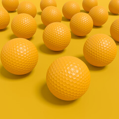 Set of golf ball lying in row on monochrome background