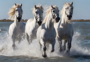 Horses galloping through the sea