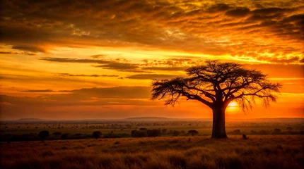 Fototapete Rund The silhouette of alone baobab tree against a vibrant African sunset. Perfect for travel posters, trave banners, and adding an iconic touch to  designs about African culture. © Olga