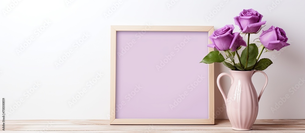 Poster a magenta vase with violet roses sits next to a rectangular picture frame on a table, creating a bea