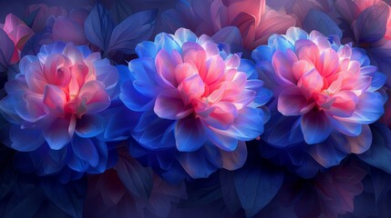 a group of pink and blue flowers sitting on top of a blue table top next to a green leaf covered wall. - obrazy, fototapety, plakaty