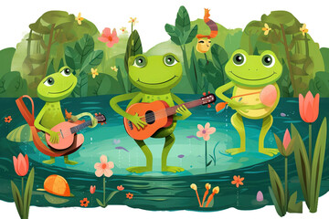 festival scenery music children watercolor style singing music animals swamp illustration swamp instruments funny lake playing kids vector show pond musical frogs