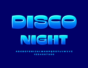 Vector trendy Emblem Disco Night. Modern Stylish Font. Cool Alphabet Letters and Numbers