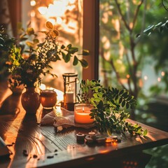Serene Home: Green Plants, Candles, and Natural Decor in Cozy Afternoon Light