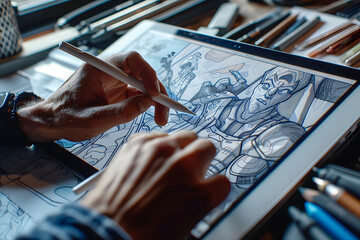 a graphic designer's hands sketching and refining concepts on a tablet or drawing pad
