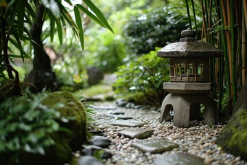 Zen Japanese Garden: Tranquil Bamboo Retreat with Stone Lantern