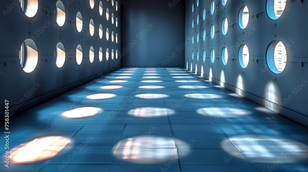 Poster a room filled with lots of round windows next to a wall with lights on the side of the room and a fl