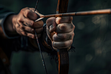 a archer's hands drawing back the bowstring and releasing the arrow with focus and precision - obrazy, fototapety, plakaty