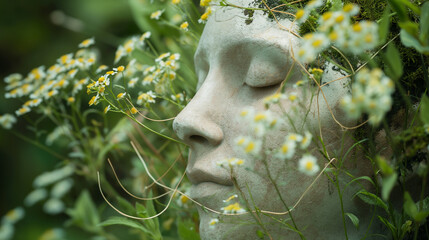 Wizualizacja rzeźby twarzy kobiety otulona kwiatami Tanacetum parthenium - obrazy, fototapety, plakaty