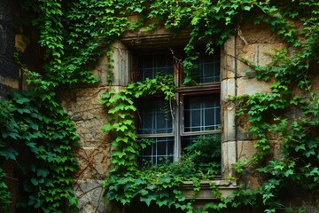 Lush Ivy-covered Window: Nature's Tranquil Embrace for Urban Homes