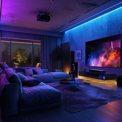 Modern Home Cinema: 3D Rendered Living Room with Smart LED Lighting