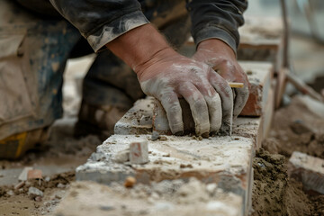 a construction worker's hands laying bricks or hammering nails on a building site