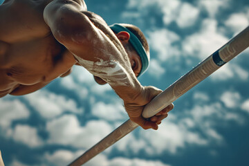a pole vaulter's hands gripping the pole and launching themselves over the bar with precision and power - obrazy, fototapety, plakaty