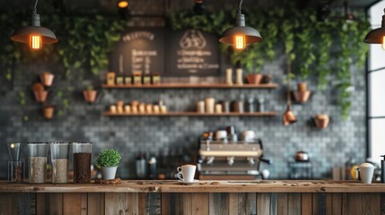 Interior of modern coffee shop with wooden countertop and bar equipment