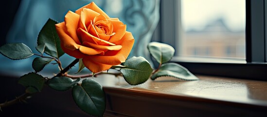 A single orange hybrid tea rose is elegantly displayed in a flowerpot on a window sill, showcasing its vibrant petals and beauty - obrazy, fototapety, plakaty
