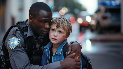 An African American police officer offers compassionate comfort to a young Caucasian boy who was lost in the city , embodying empathy and reassurance in a moment of need
