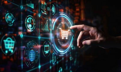 A human hand interacts with a virtual interface representing e-commerce and online shopping