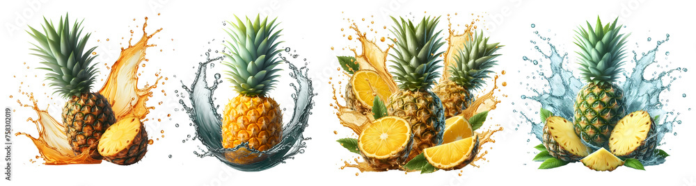 Wall mural pineapple ananas with splash isolated png