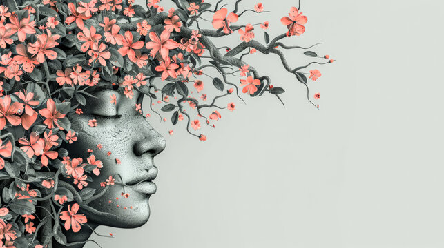 woman face 3d art with tree and blooming flowers on hair gray background motion concept with free space for place