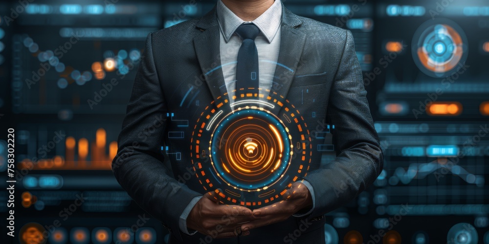 Aufkleber commanding the future: business leader manages a glowing digital interface, symbolizing control and 
