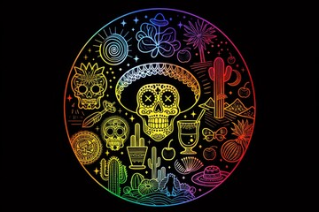 Vibrant line art of a round design featuring iconic Mexican symbols and elements in gradient rainbow colors Generative AI