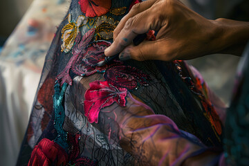 Fototapeta premium a fashion designer's hands draping fabric and creating garment patterns on a mannequin, showcasing the artistry and innovation in fashion design