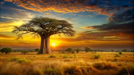 Deurstickers Majestic baobab bathed in the warm glow of an African sunrise. Ideal for creating peaceful backgrounds, nature presentations, and evoking a sense of tranquility in designs. © Olga
