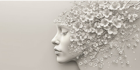 Woman silhouette Illustration head of the person with flower hair 3d art. White composition concept art with free space for place