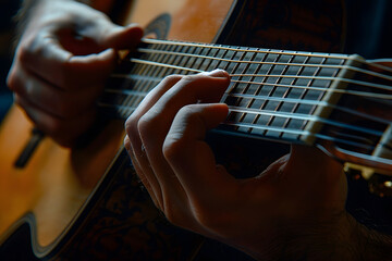  a musician's hands playing guitar, showcasing the artistry and passion in music performance