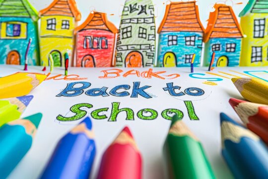 children's drawing with colored chalk on white paper, made by hand by a child, text "Back to School " 