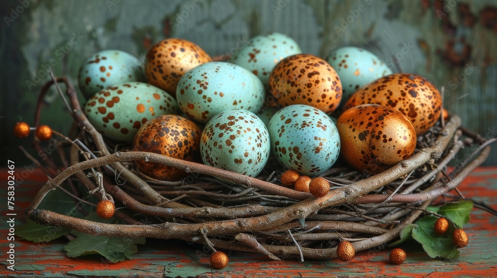 Poster a nest filled with lots of eggs sitting on top of a table next to a pile of twigs and berries.