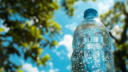 Zbliżenie przedstawiające plastikową butelkę gazowanej wody na tle błękitnego nieba - obrazy, fototapety, plakaty