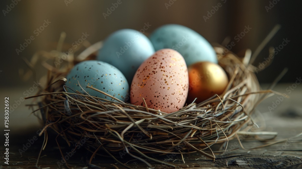 Poster a nest filled with eggs sitting on top of a wooden table next to another nest with three eggs in it.