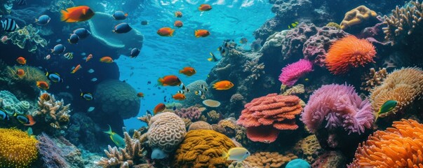 underwater views with various types of fish and beautiful coral reefs