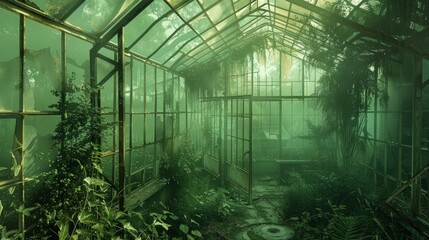 Abandoned greenhouse overtaken by nature - obrazy, fototapety, plakaty