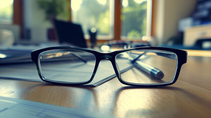 Zbliżenie przedstawiające okulary leczące na biurku - obrazy, fototapety, plakaty