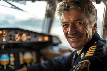 Smiling pilot in cockpit of airplane