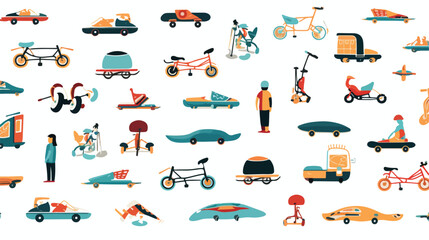 A whimsical pattern of bicycles skateboards and rol