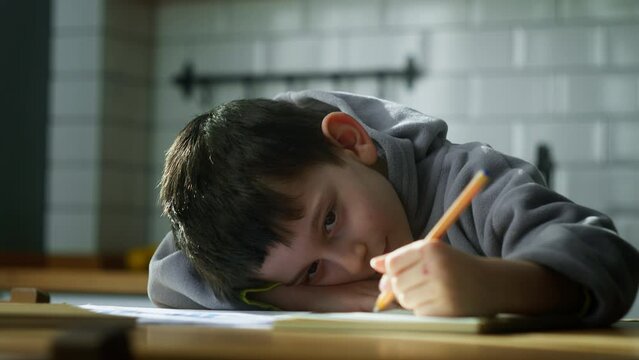 Tired little schoolboy kid lying on table desk writing homework, boring class lesson drawing in notebook at home.