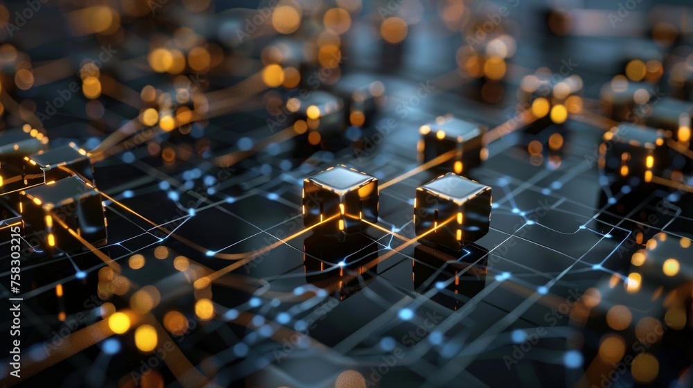 Poster conceptual image of blockchain technology with interconnected blocks --ar 16:9 job id: 50bd46d4-270d