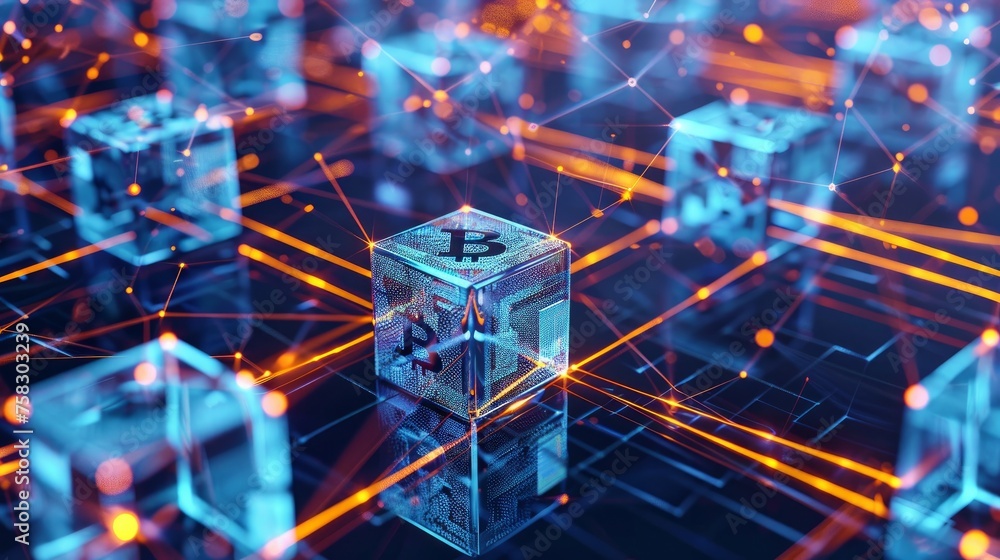 Poster conceptual image of blockchain technology with interconnected blocks --ar 16:9 job id: 50bd46d4-270d