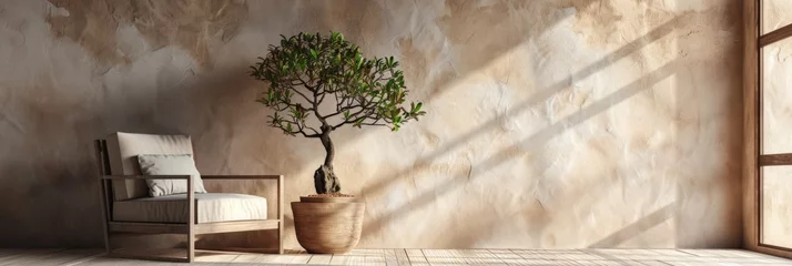 Fotobehang Minimalist Living Room Interior Design with Stylish Armchair, Bonsai Tree, and Beige Stucco Wall. © AIGen