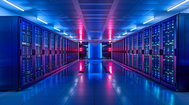 Data center. Server room. Blue and pink lighting. Constant flow of data.