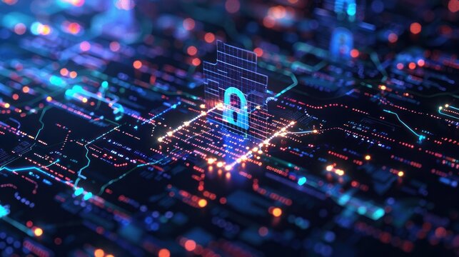 Cybersecurity concept with a digital lock on a data stream