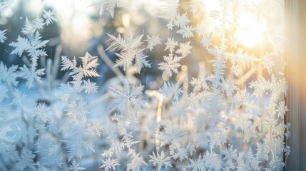 Elegant patterns of frost on a window in winter 