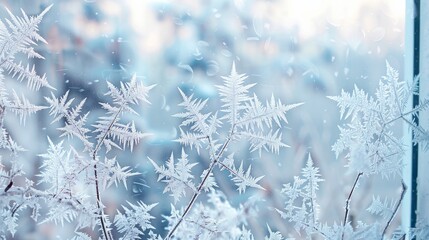 Obraz premium Elegant patterns of frost on a window in winter 