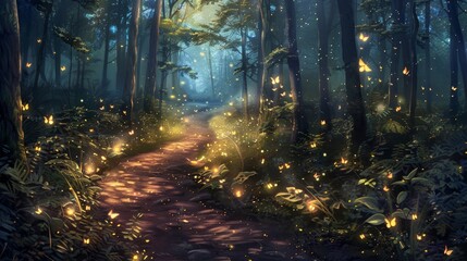 Obraz premium Fireflies lighting up a dark forest path