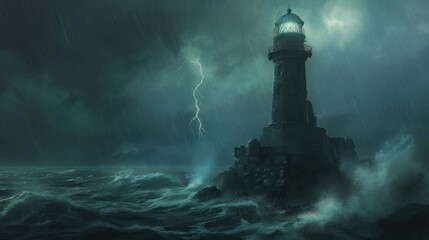 Historic lighthouse during a thunderstorm at sea