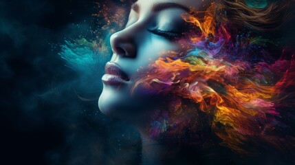Fantasy abstract portrait double exposure with colorful digital paint splash and space nebula